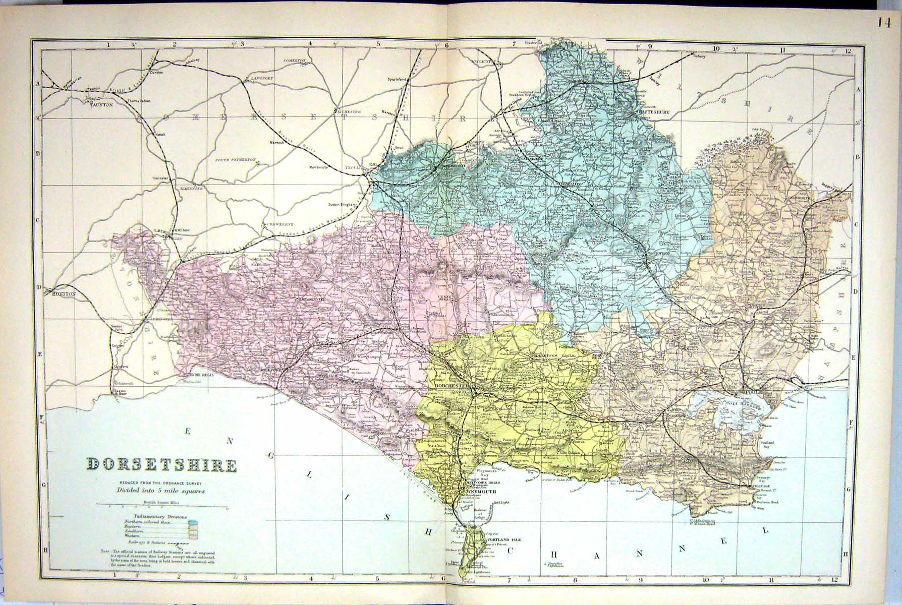 Original Old Antique Print Bacon Map C1884 Dorsetshire England Dorchester Poole