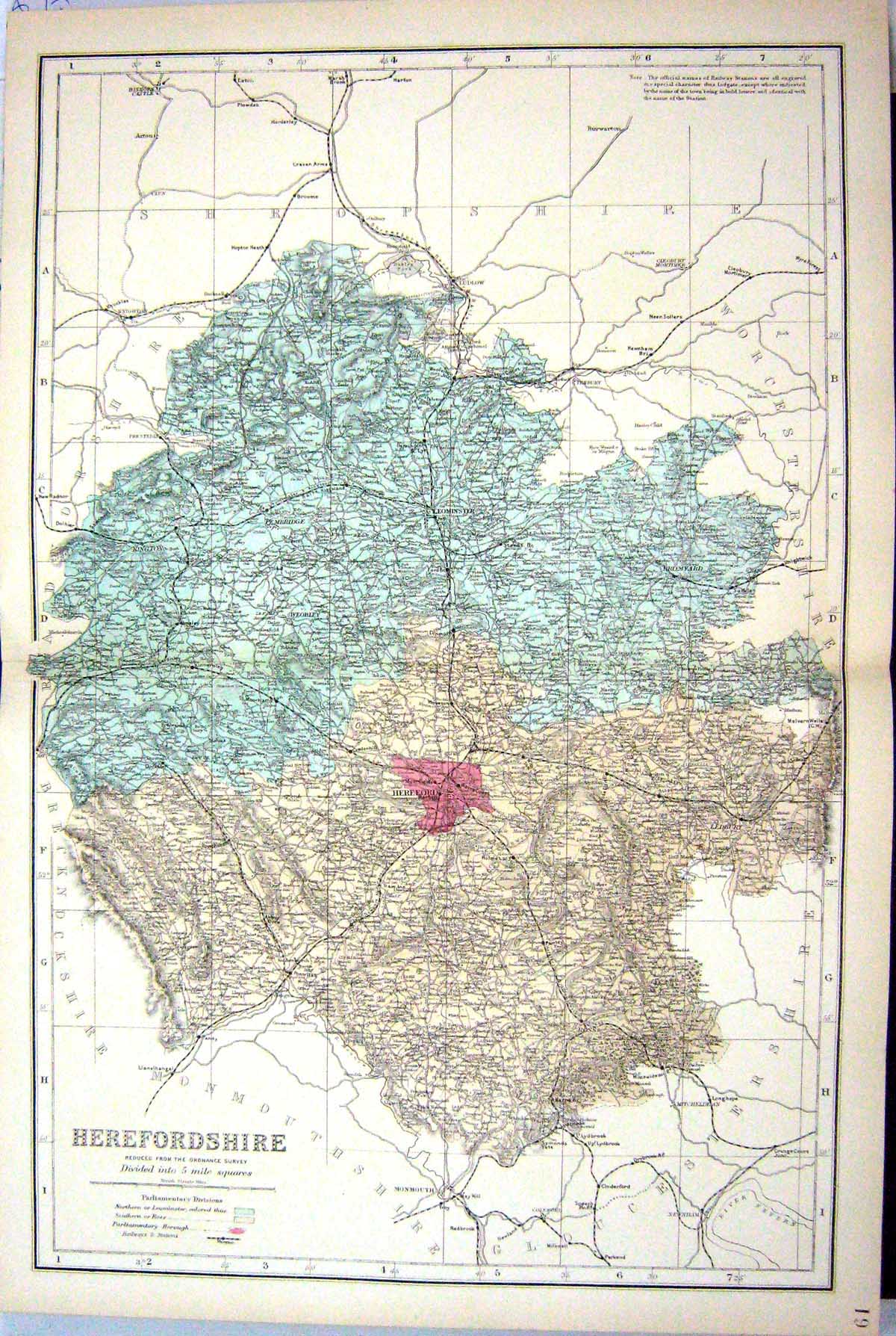 Antique Old Print Bacon Map C1884 Herefordshire Hereford Leominster Bromyard