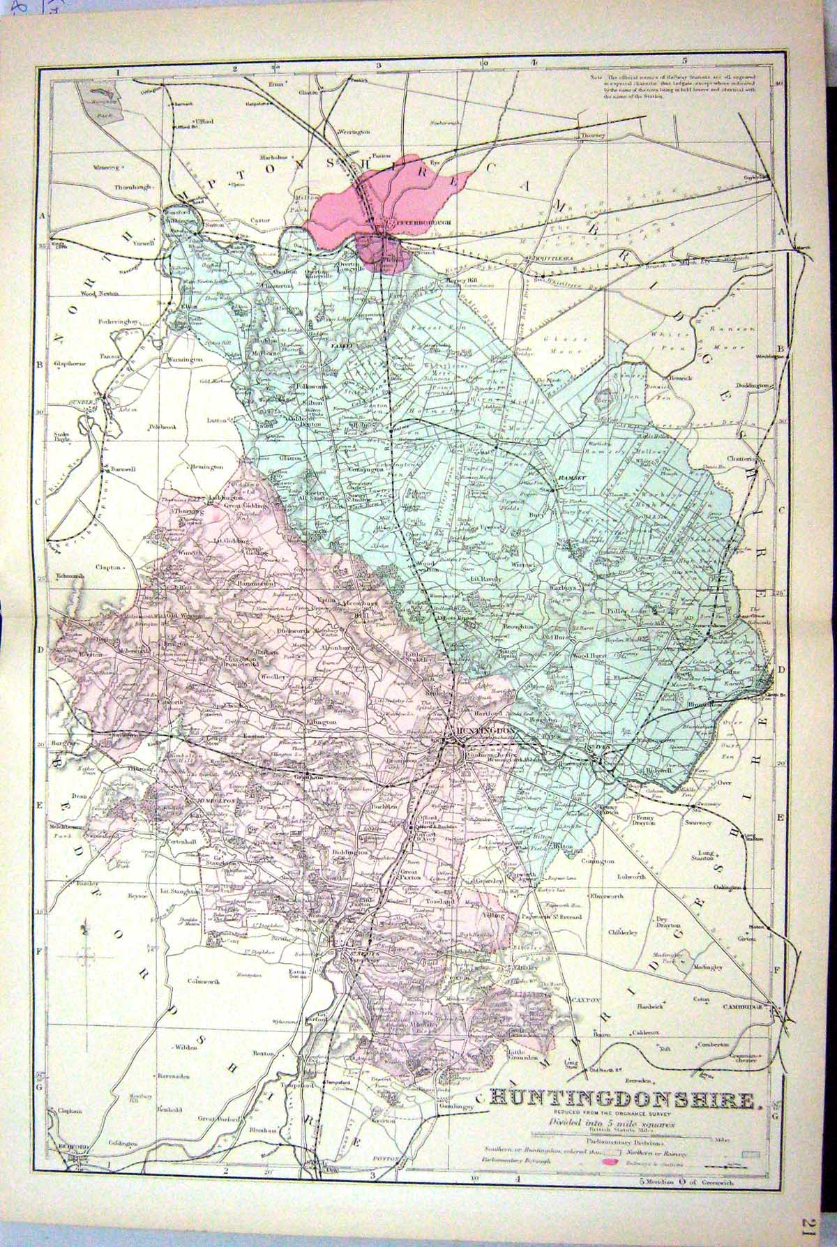 Old Antique Print Bacon Map C1884 Huntingdonshire England Huntingdon Ives 19th