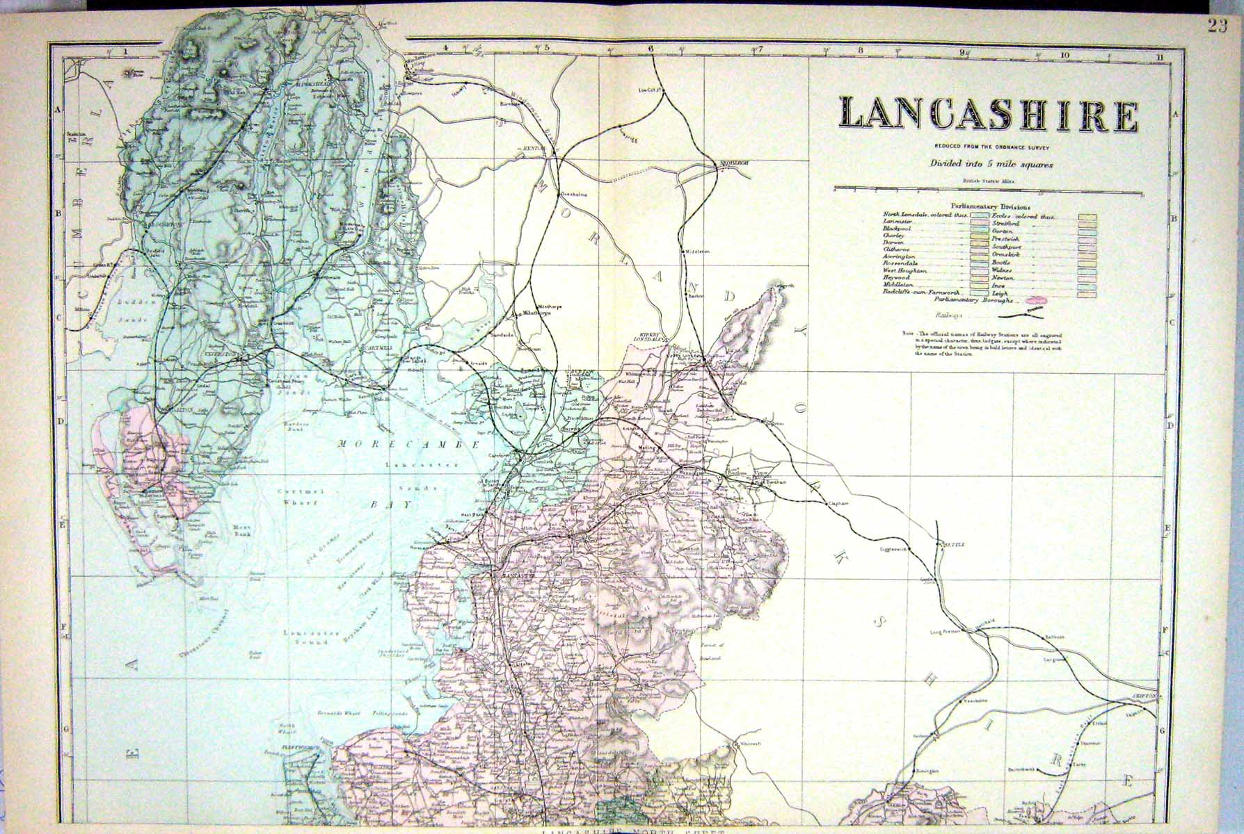 Old Antique Print Bacon Map C1884 Lancashire England Lancaster Fleetwood 19th