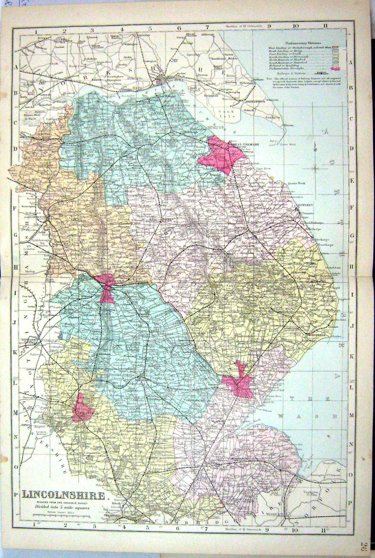 Antique Old Print Bacon Map C1884 Lincolnshire England Boston Lincoln Grimsby