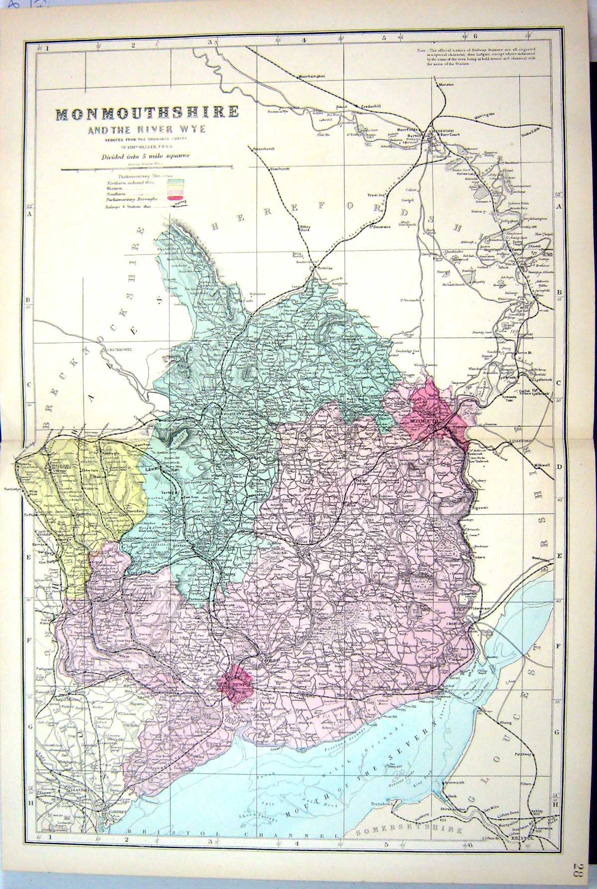 Old Antique Print Bacon Map C1884 Monmouthshire River Wye England Newport 19th