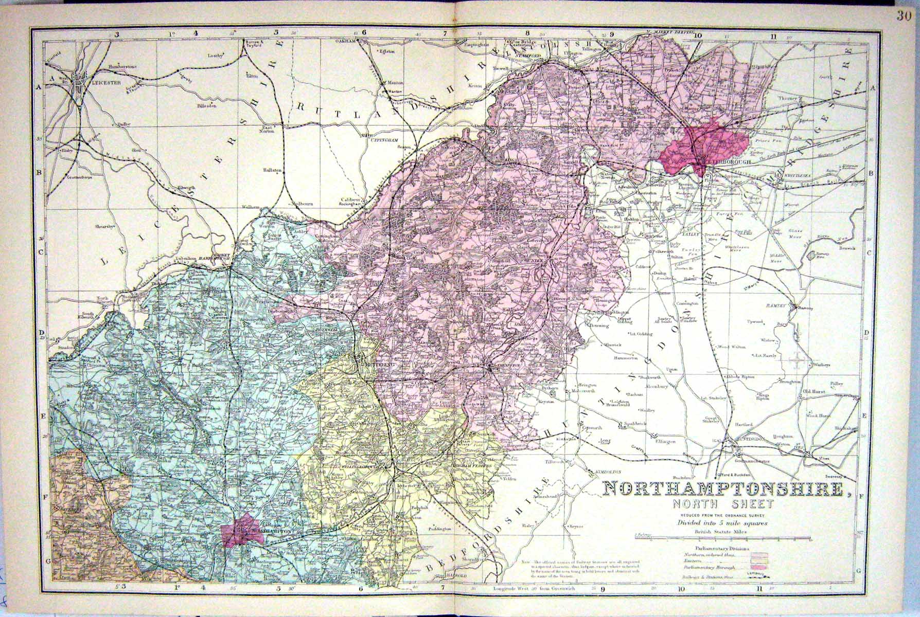 Old Print Bacon Map C1884 Northamptonshire England Northampton Kettering 19th