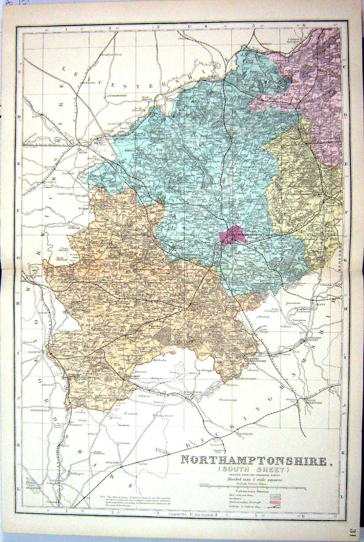Old Print Northamptonshire England Bacon Map C1884 Northampton Kettering 19th