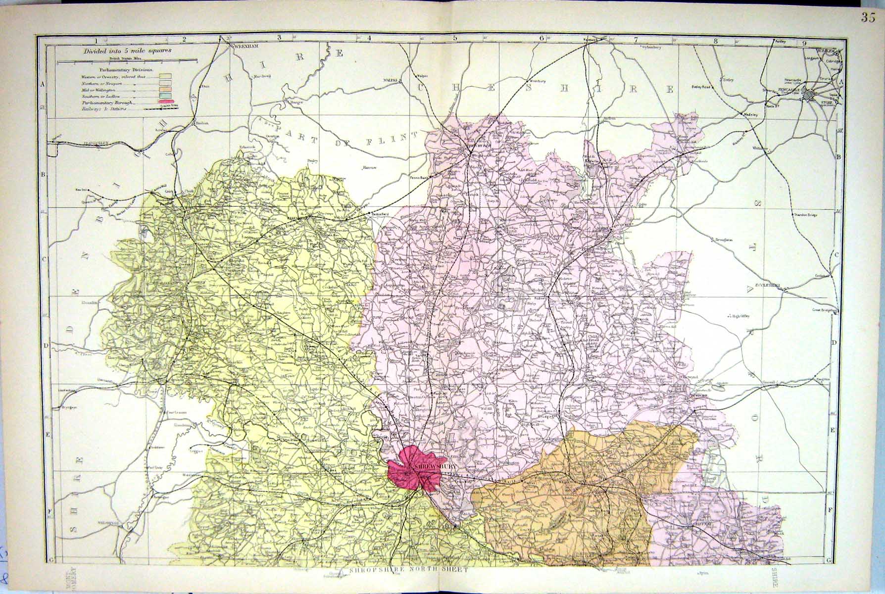 Old Antique Print Bacon Map C1884 Shropshire England Shrewsbury Newport 19th