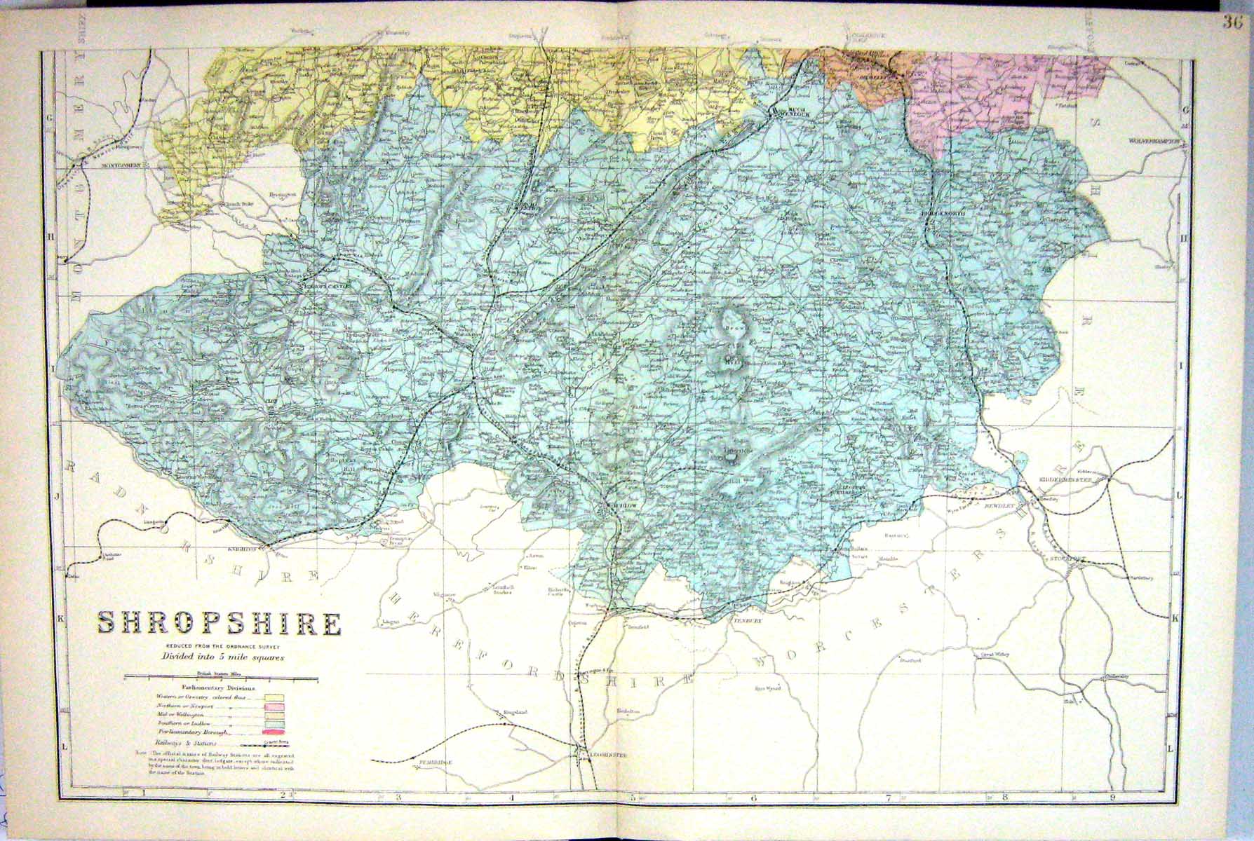 Old Print Bacon Map C1884 Shropshire England Bishops Castle Much Wenlock 19th