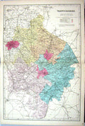 Old Antique Print Bacon Map C1884 Warwickshire England Warwick Coventry 19th