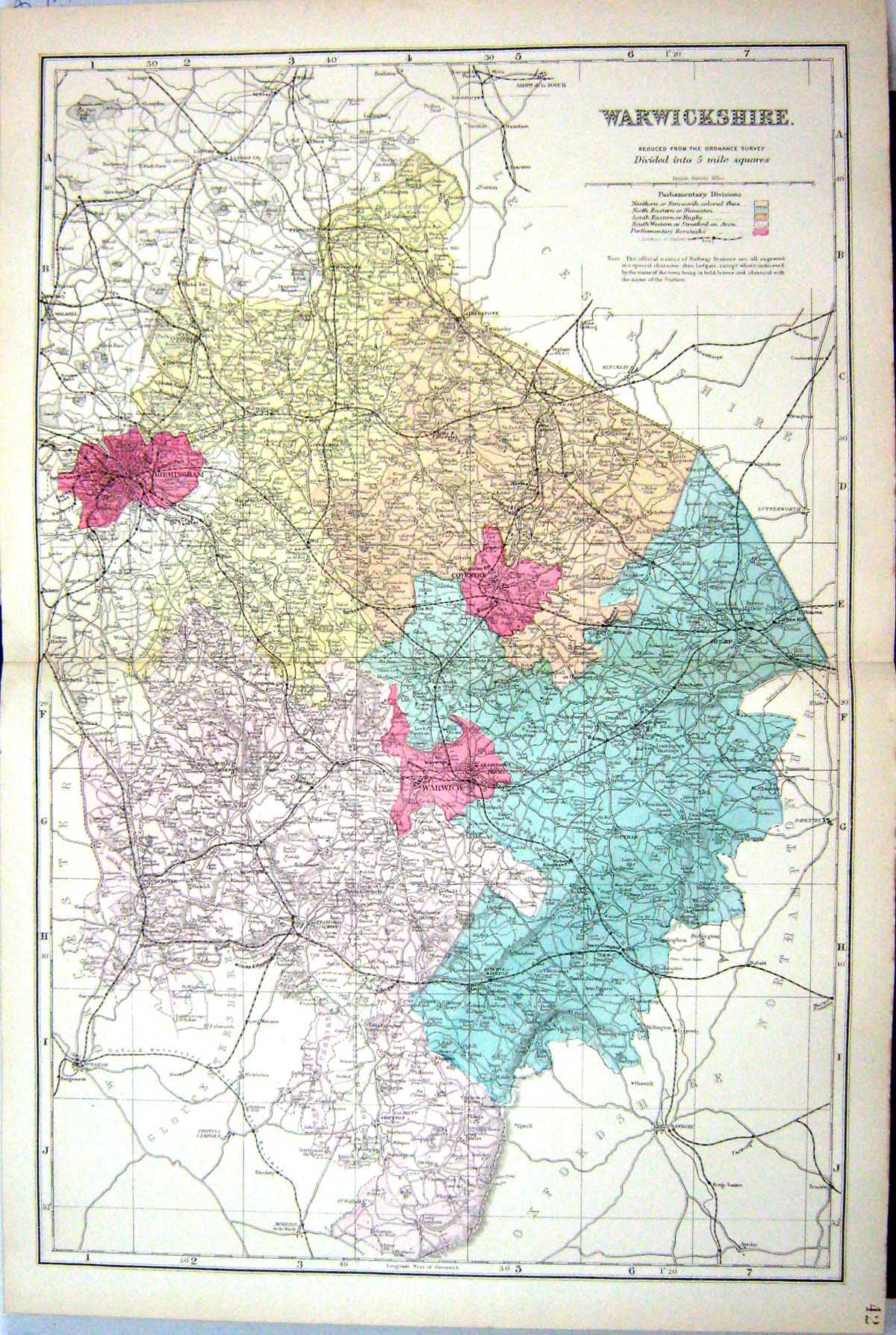 Old Antique Print Bacon Map C1884 Warwickshire England Warwick Coventry 19th