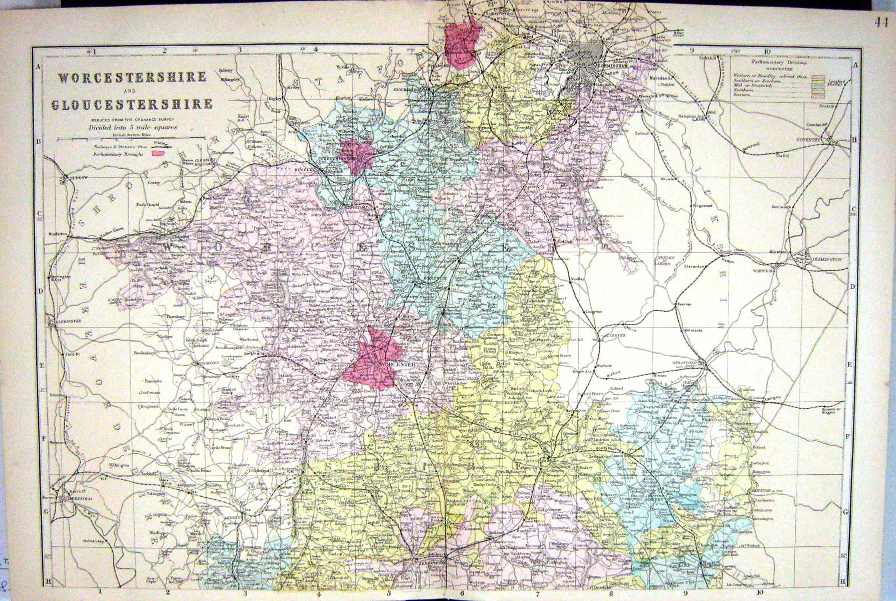 Old Antique Print Bacon Map C1884 Worcestershire England Gloucestershire 19th