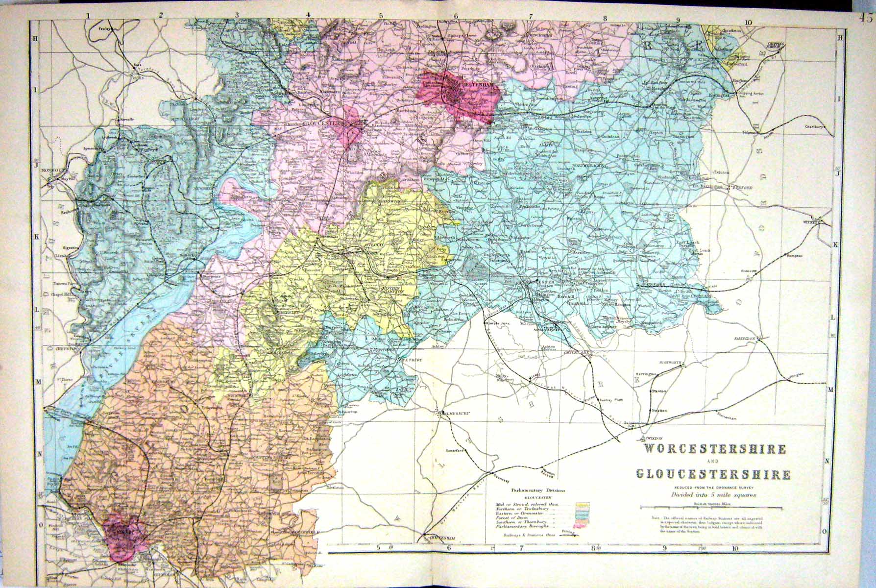 Old Print Worcestershire Gloucestershire England Bacon Map C1884 Bristol 19th