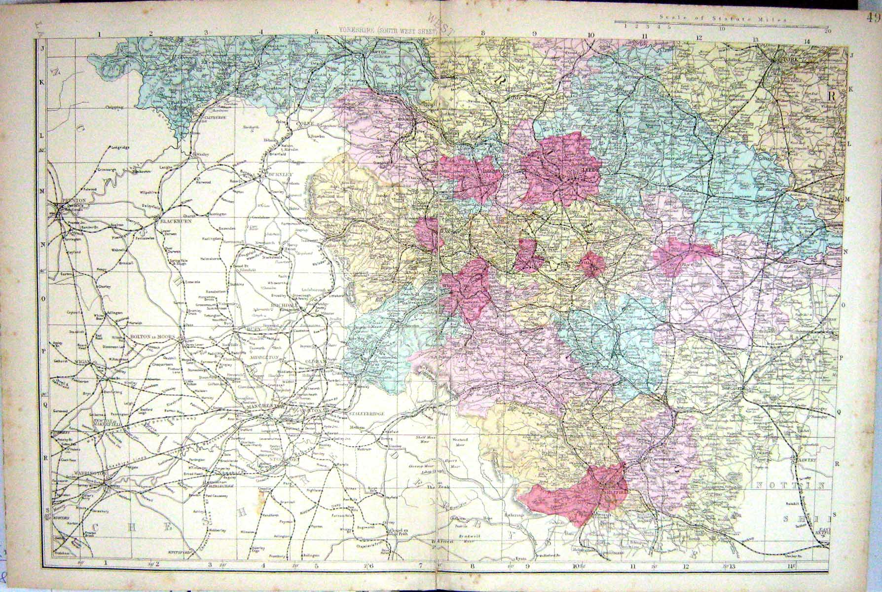 Antique Print Yorkshire England Bacon Map C1884 Bradford Sheffield Damaged 19th