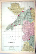 Antique Old Print Bacon Map C1884 Wales Carnarvon Anglesey Holy Island Conway