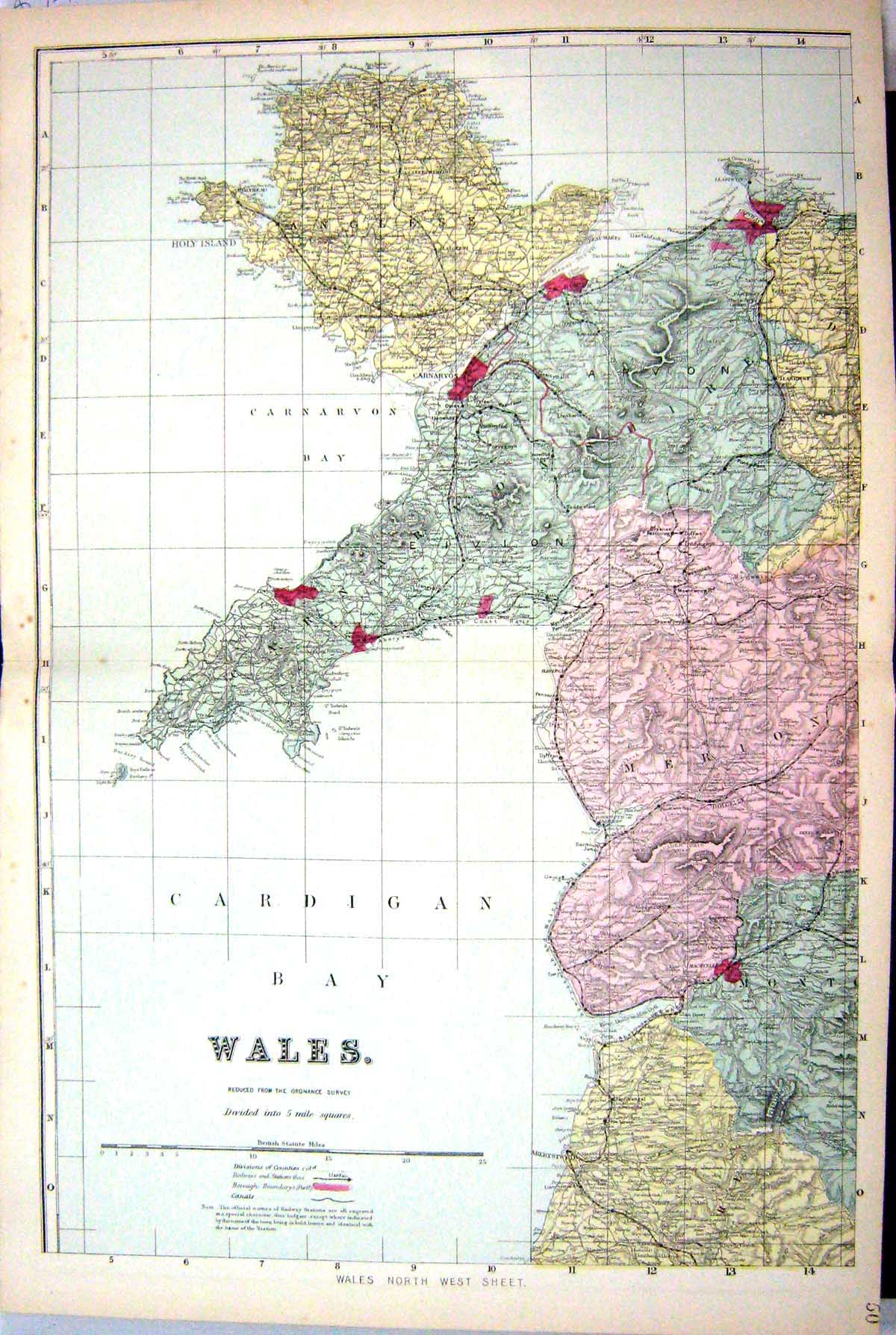 Antique Old Print Bacon Map C1884 Wales Carnarvon Anglesey Holy Island Conway