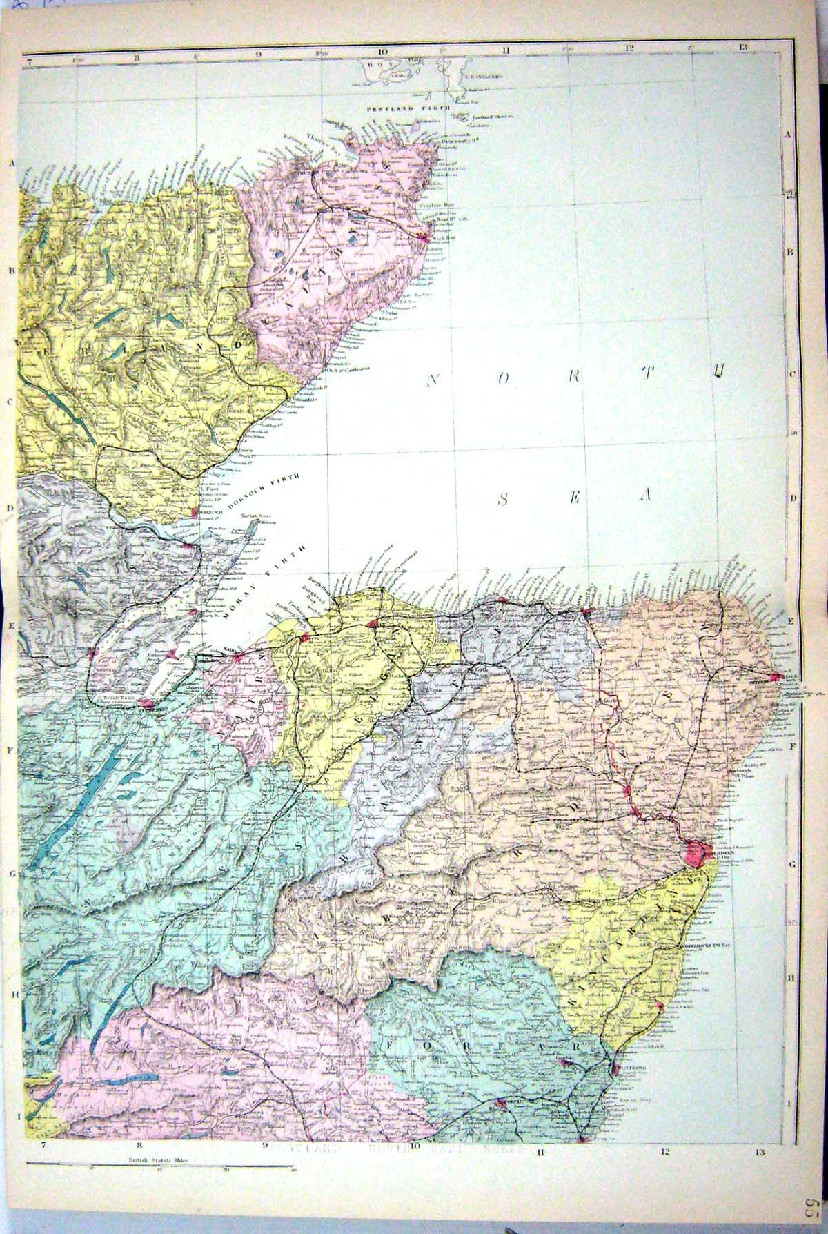 Antique Print Bacon Map C1884 Scotland Caithness Moray Firth Aberdeen Nairn