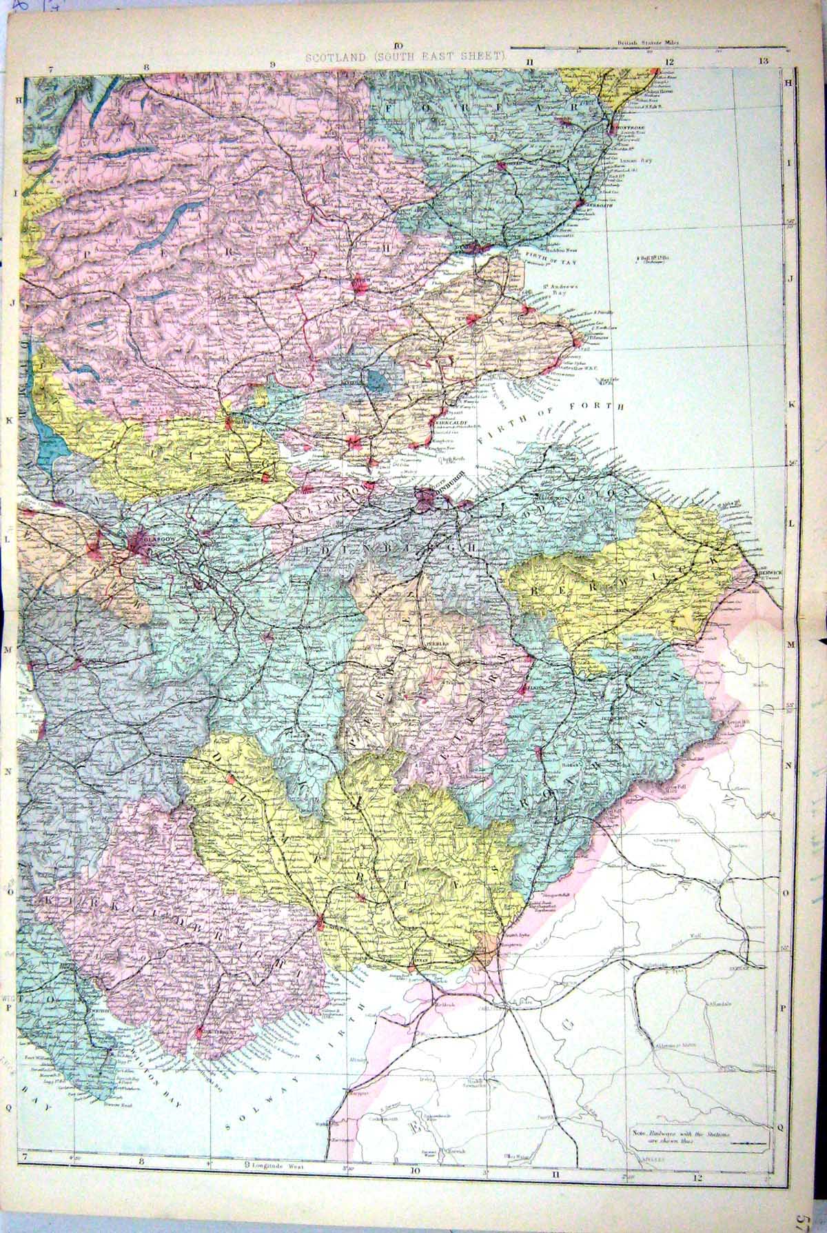 Antique Print Bacon Map C1884 Scotland Edinburgh Firth Forth Berwick Perth 19th