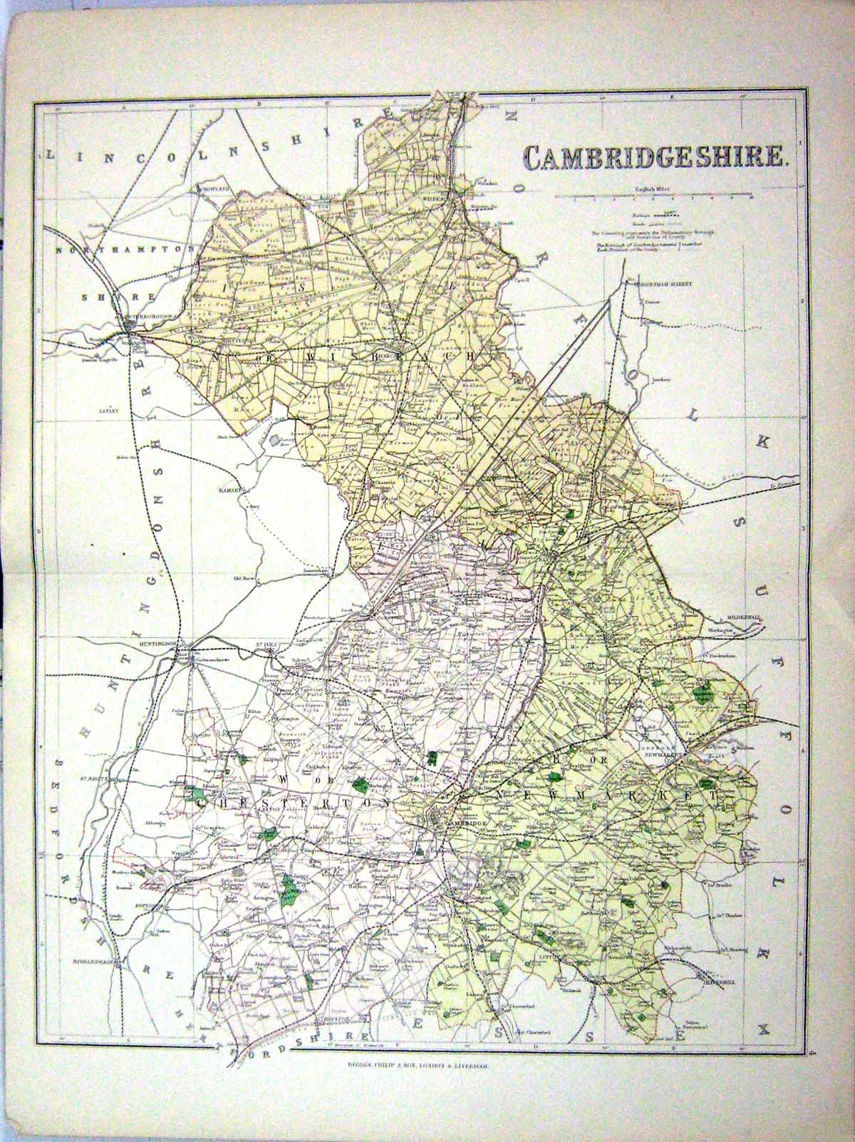 Old Print England Philip Map 1885 Cambridgeshire Ely Cambridge Newmarket 19th