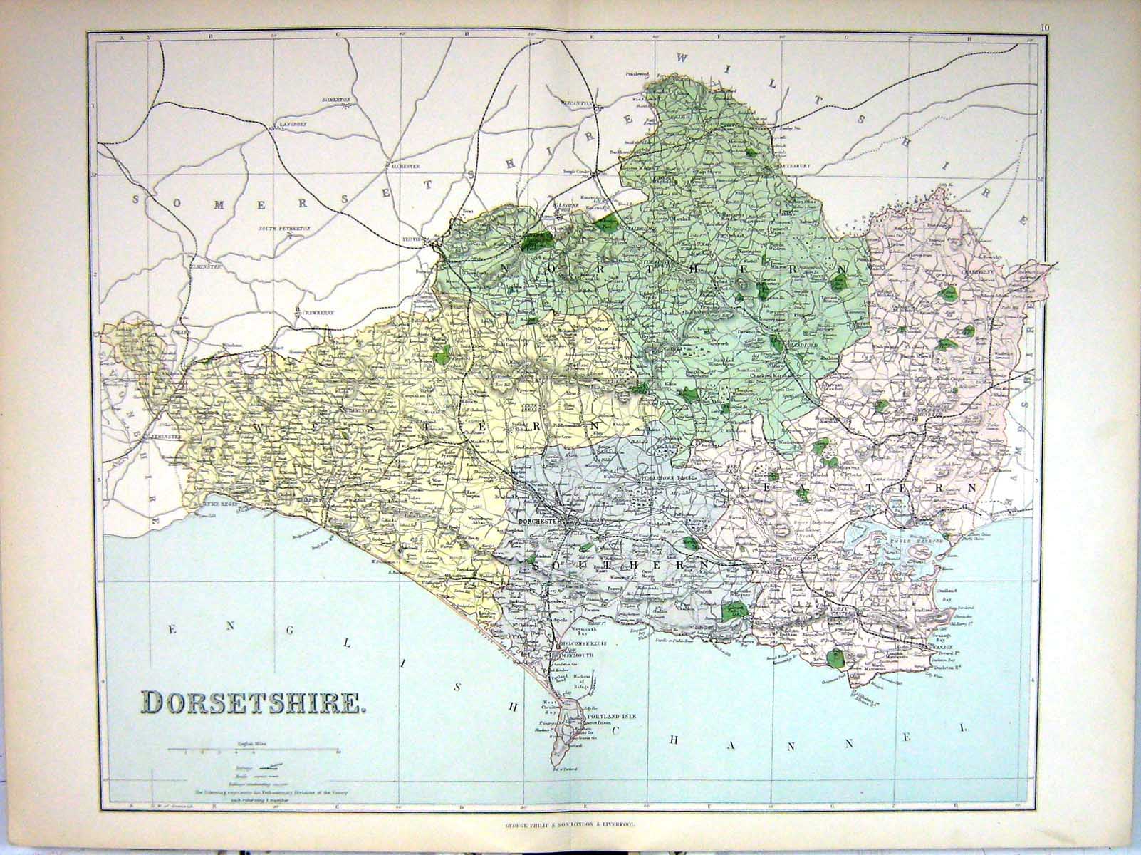 Antique Print Philip Map 1885 Dorsetshire England Dorchester Wareham Poole 19th