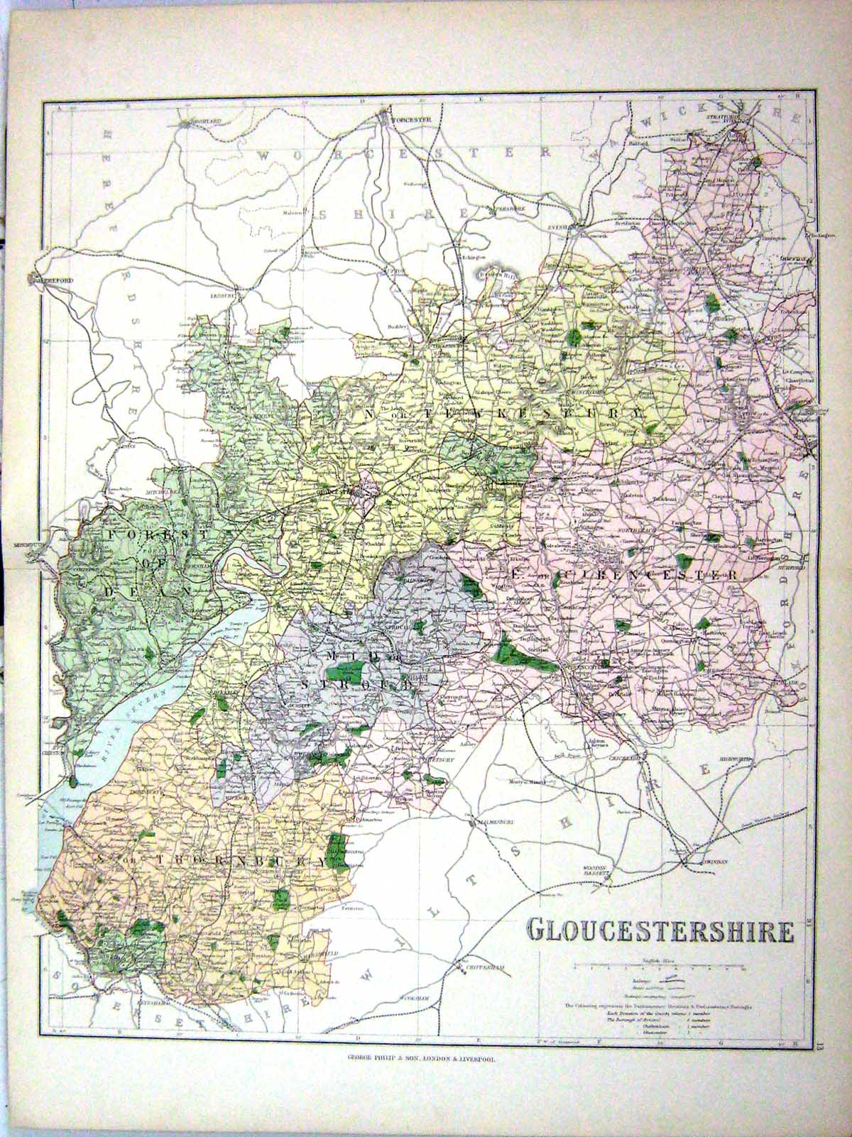 Antique Old Print Philip Map England 1885 Gloucestershire Chepstow Gloucester