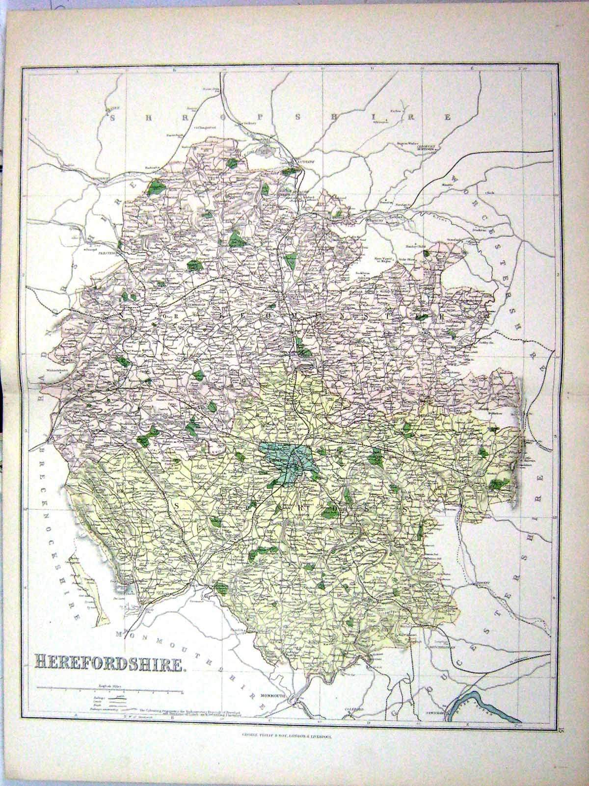 Old Antique Print Philip Map England 1885 Herefordshire Hereford Ludlow 19th