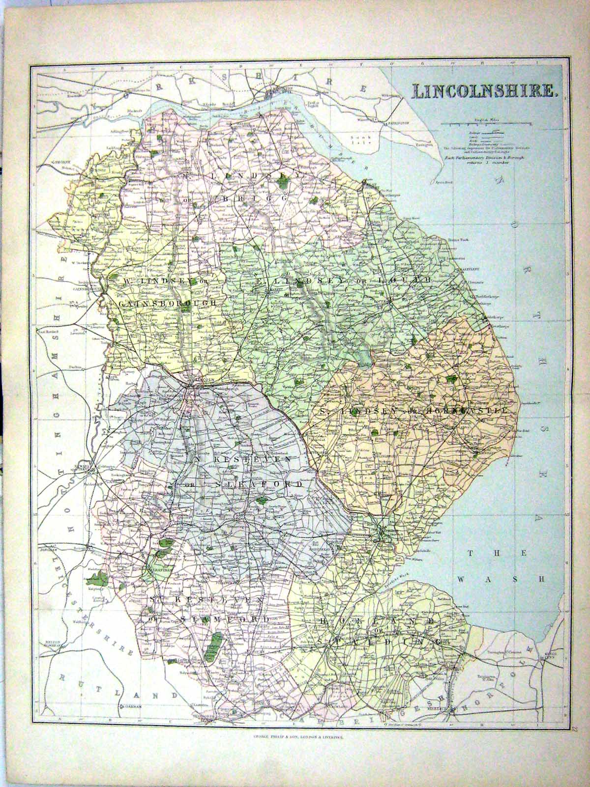 Antique Old Print Philip Map England 1885 Lincolnshire Boston Lincoln Humber