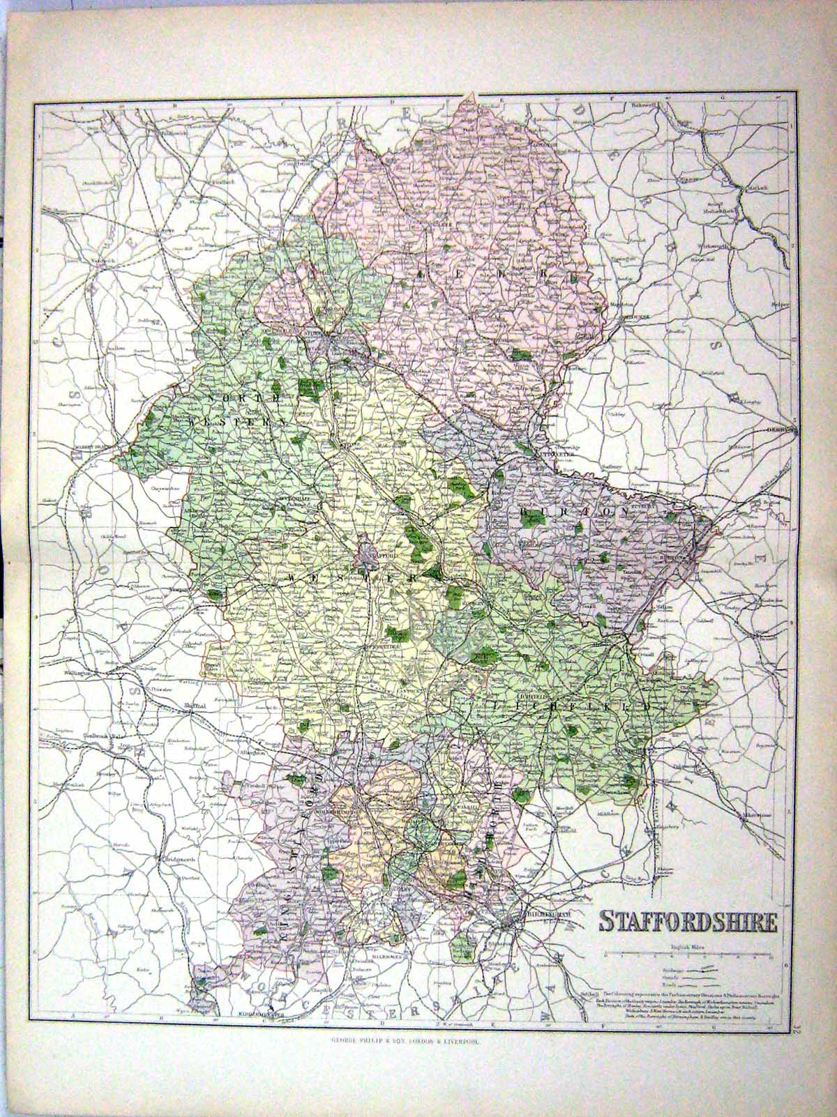 Antique Old Print Philip Map England 1885 Staffordshire Birmingham Stafford