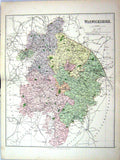 Antique Old Print Philip Map England 1885 Warwickshire Coventry Birmingham 19th