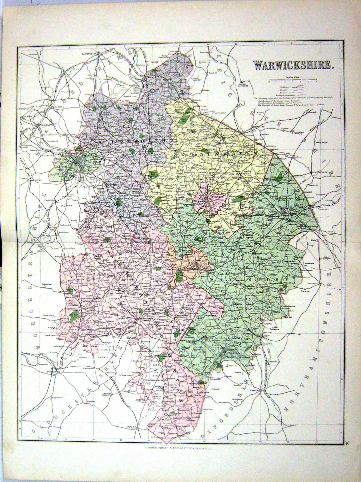 Antique Old Print Philip Map England 1885 Warwickshire Coventry Birmingham 19th