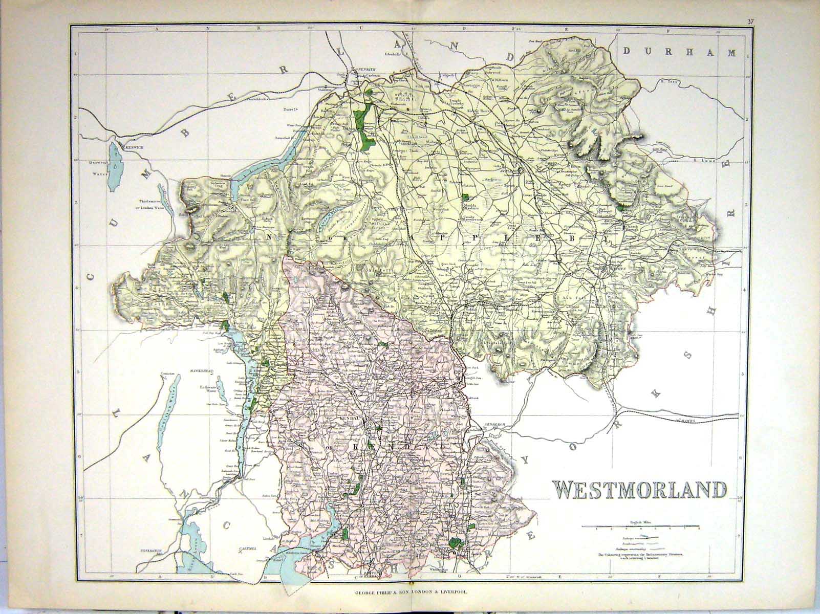 Antique Old Print Philip Map England 1885 Wesmorland Kendal Kirkby Stephen 19th