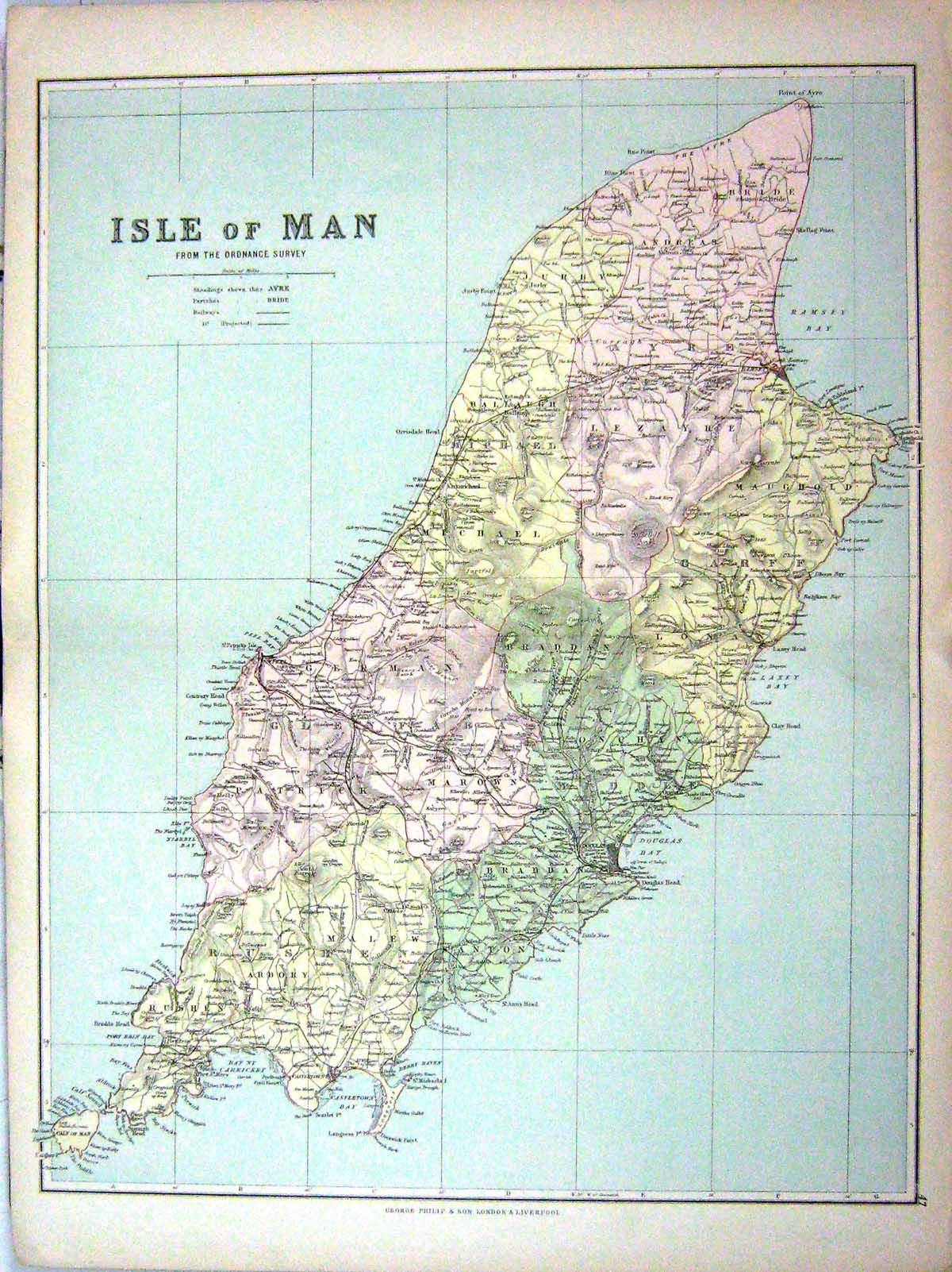Antique Old Print Philip Map England 1885 Isle Man Douglas Bay Peel Ramsey 19th