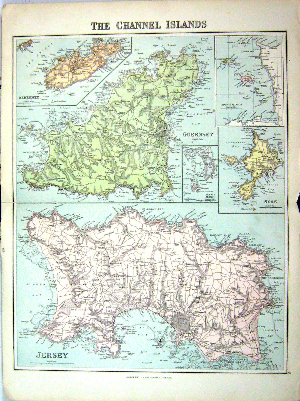 Old Philip Map England 1885 Channel Islands Jersey Serk Guernsey Alde Victorian
