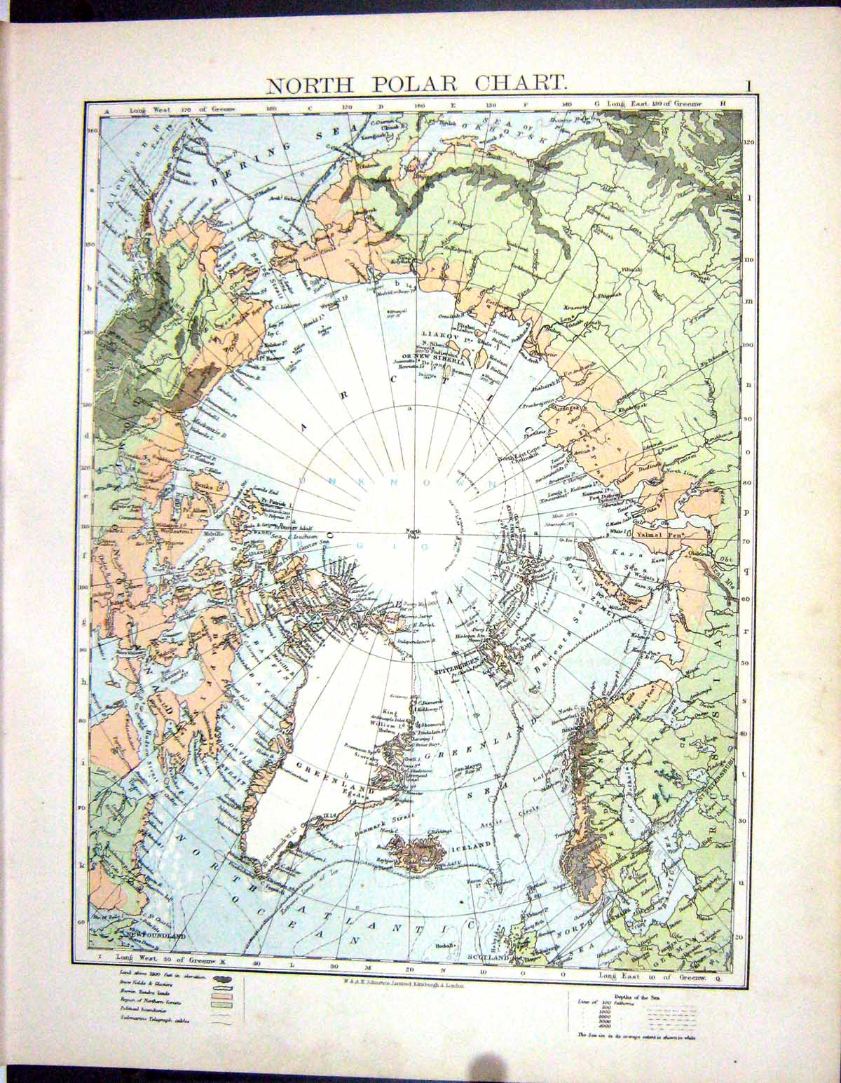 Antique Old Print Johnston Map 1906 North Polar Chart Mercator World Atlas 20th