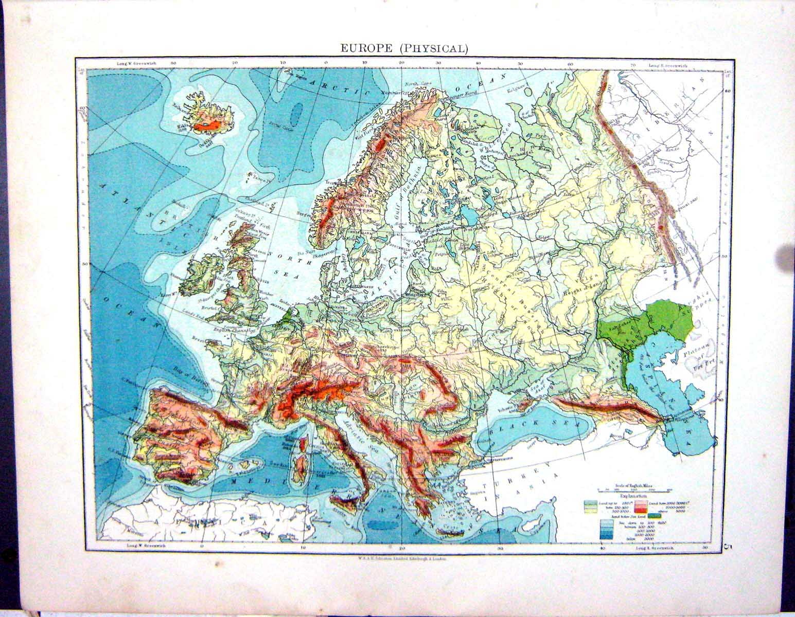 Antique Old Print Johnston Map 1906 Physical Europe England Wales Isle Man 20th
