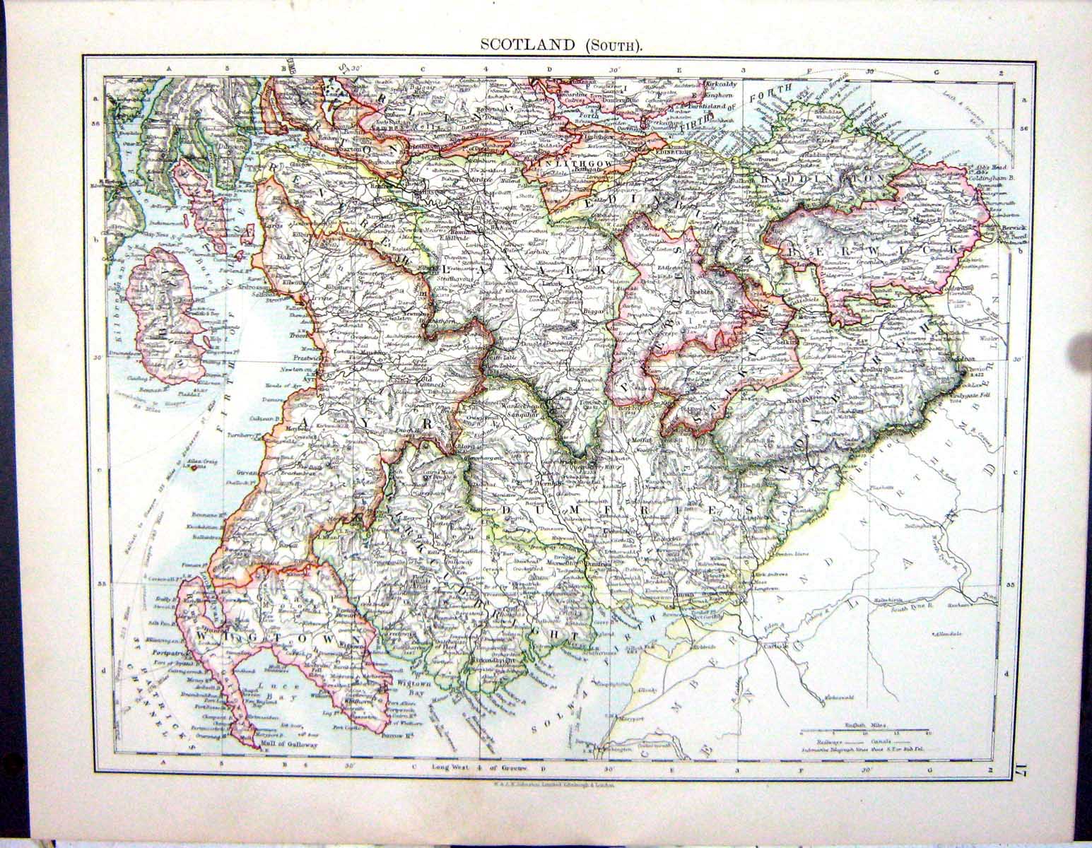 Old Johnston Map 1906 Scotland Arran Ayr Edinburgh Ireland Belfast Du 20th