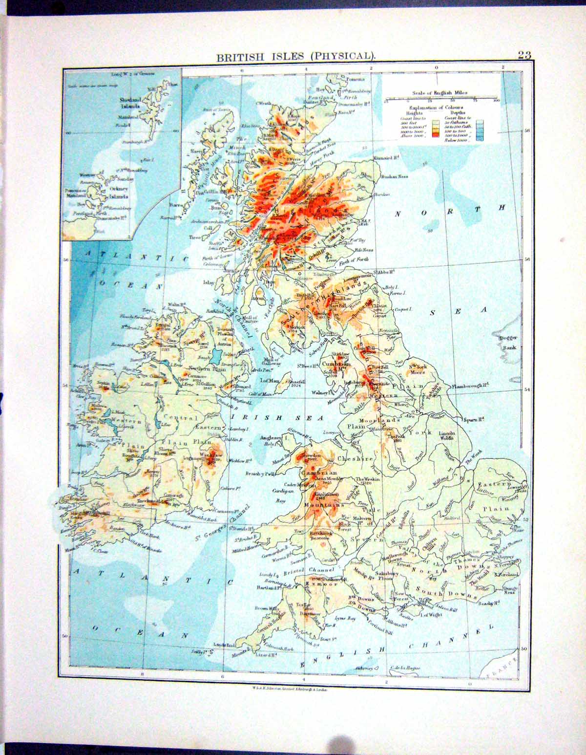 Old Johnston Map 1906 Physical British Isles Spain Portugal Ibiza Maj 20th