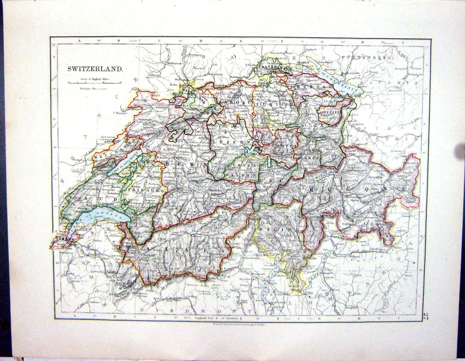 Old Johnston Map 1906 Switzerland Bern Germany Empire Bavaria Wurtemb 20th