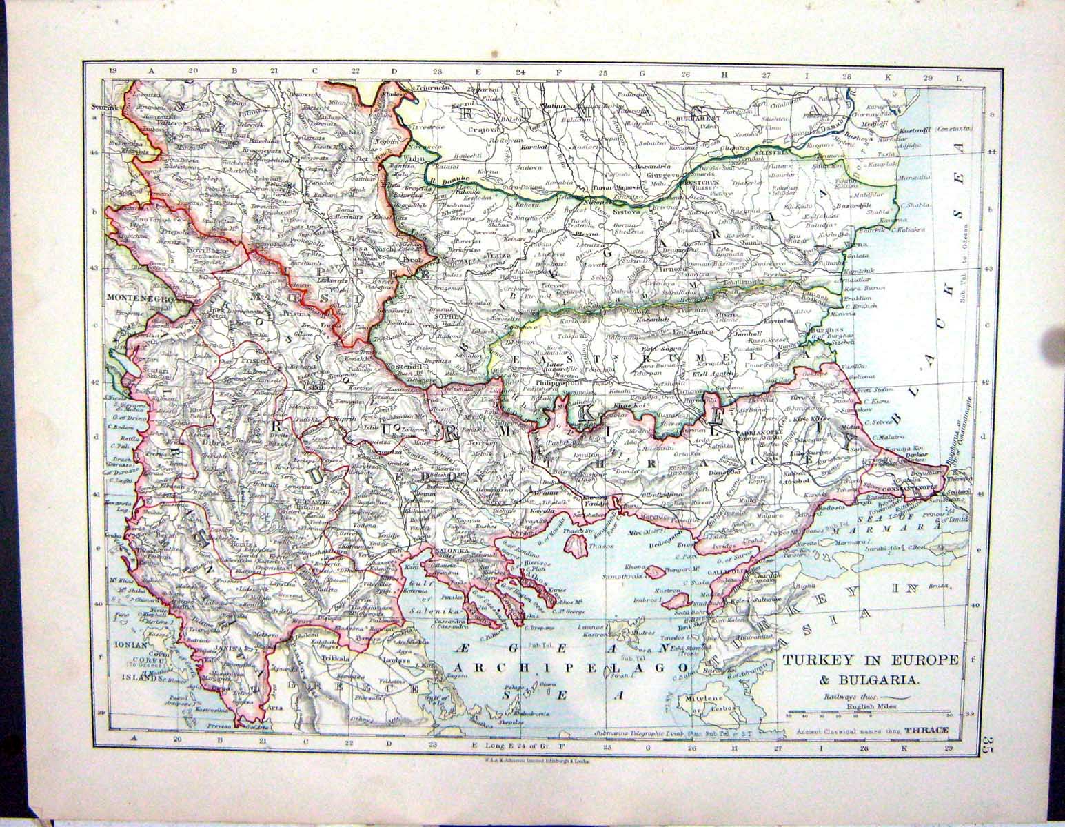 Antique Old Print Johnston Map 1906 Turkey Europe Bulgaria Black Sea Rumania