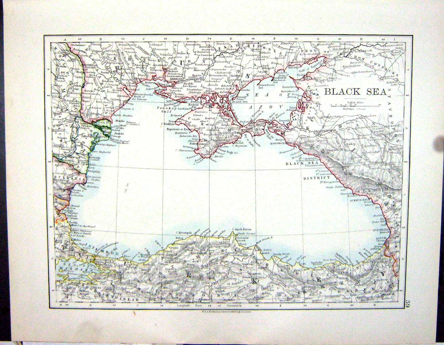Original Old Antique Print Johnston Map 1906 Black Sea Crimea Turkey Caspian