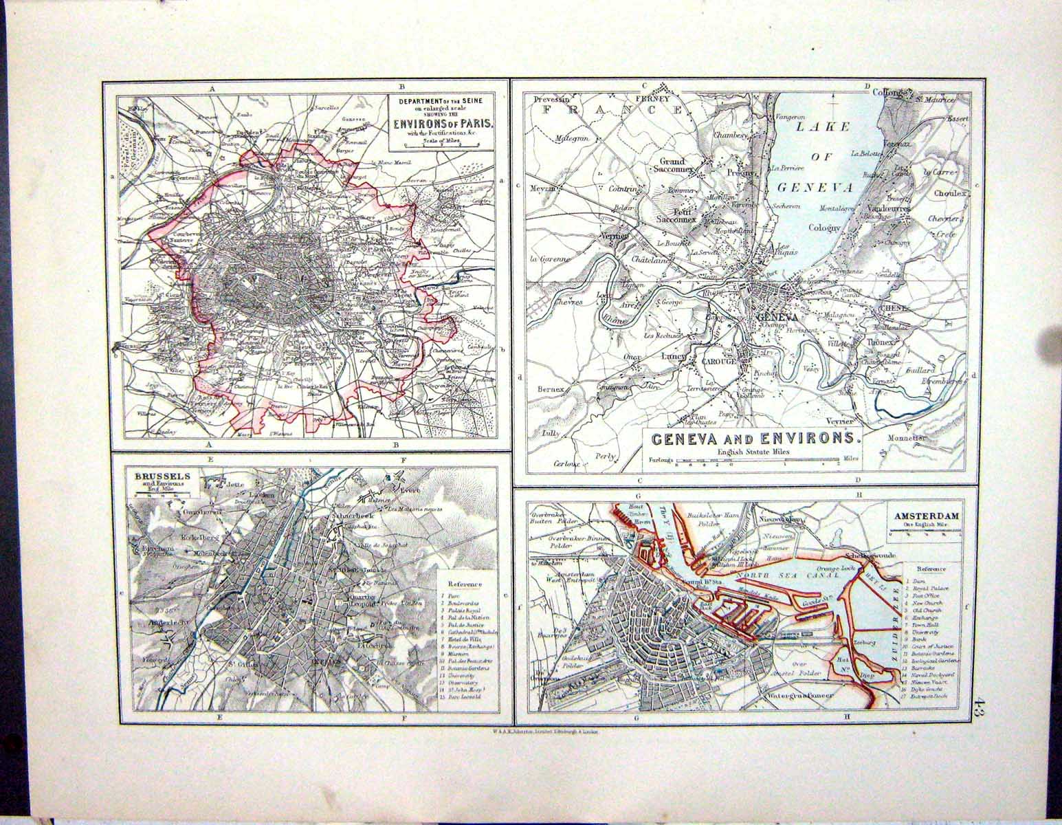 Old Johnston Map 1906 Plan Geneva Amsterdam Paris Brussels Stockholm 20th