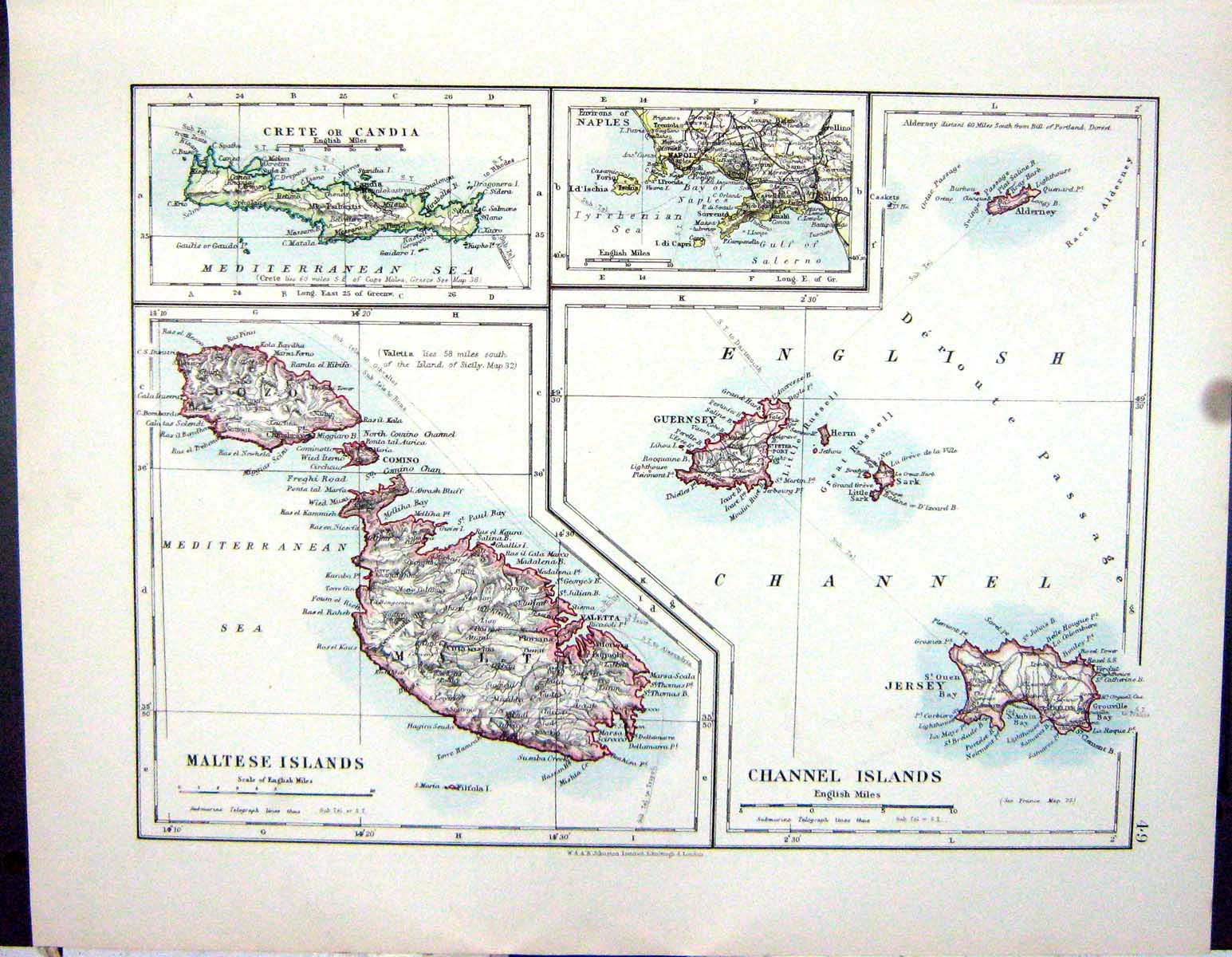 Old Johnston Map 1906 Maltese Channel Islands Crete Naples Iceland Ze 20th