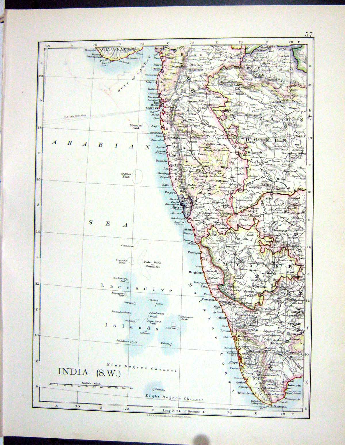 Old Johnston Map 1906 India Laccadive Islands Ceylon Mysore Gulf Beng 20th