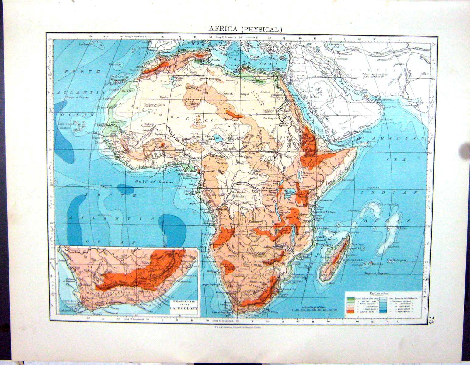 Old Johnston Map 1906 Physical Africa Cape Colony Algeria Tunis Gulf 20th