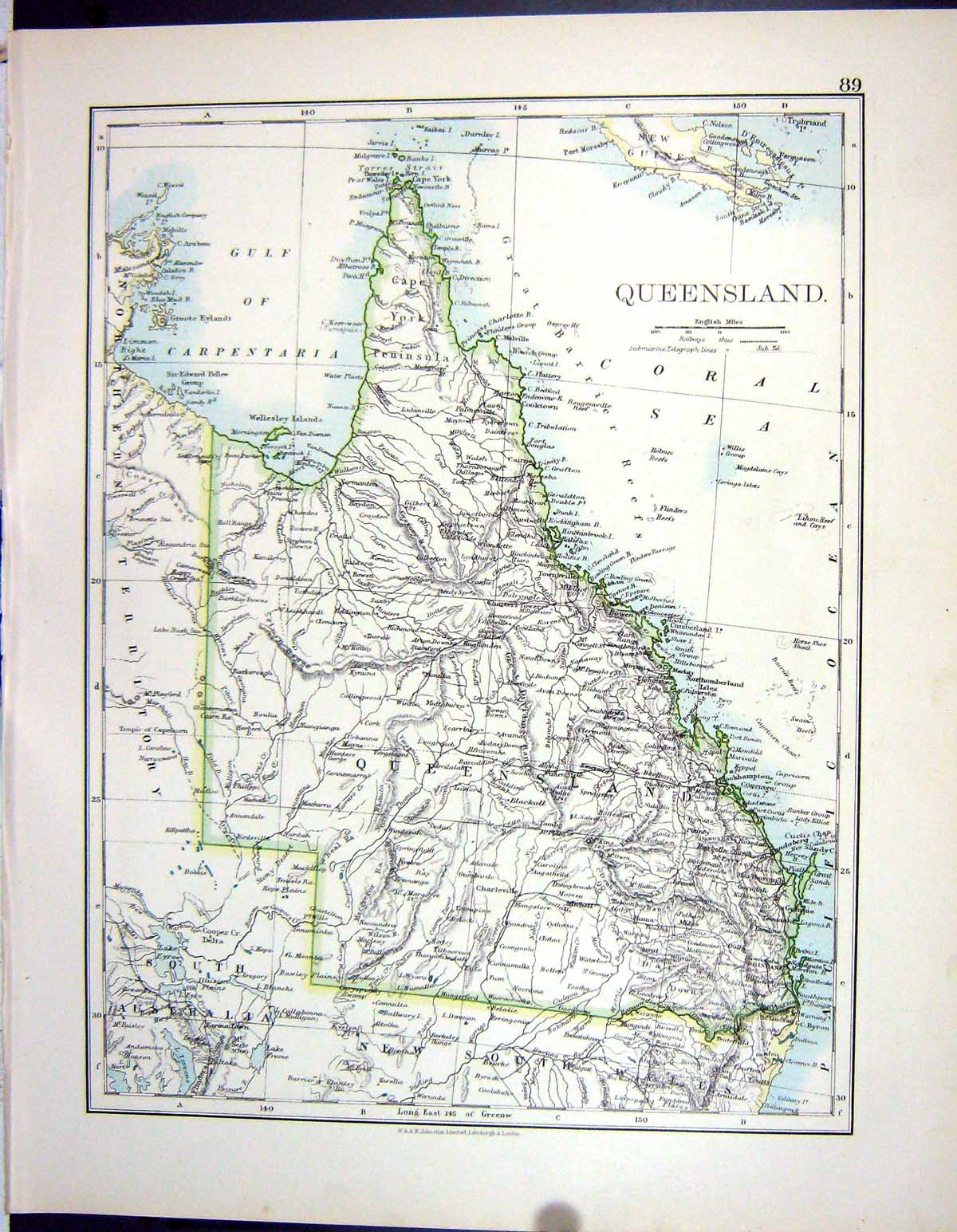 Antique Old Print Johnston Map 1906 Queensland Australia Kangaroo Lake Eyre