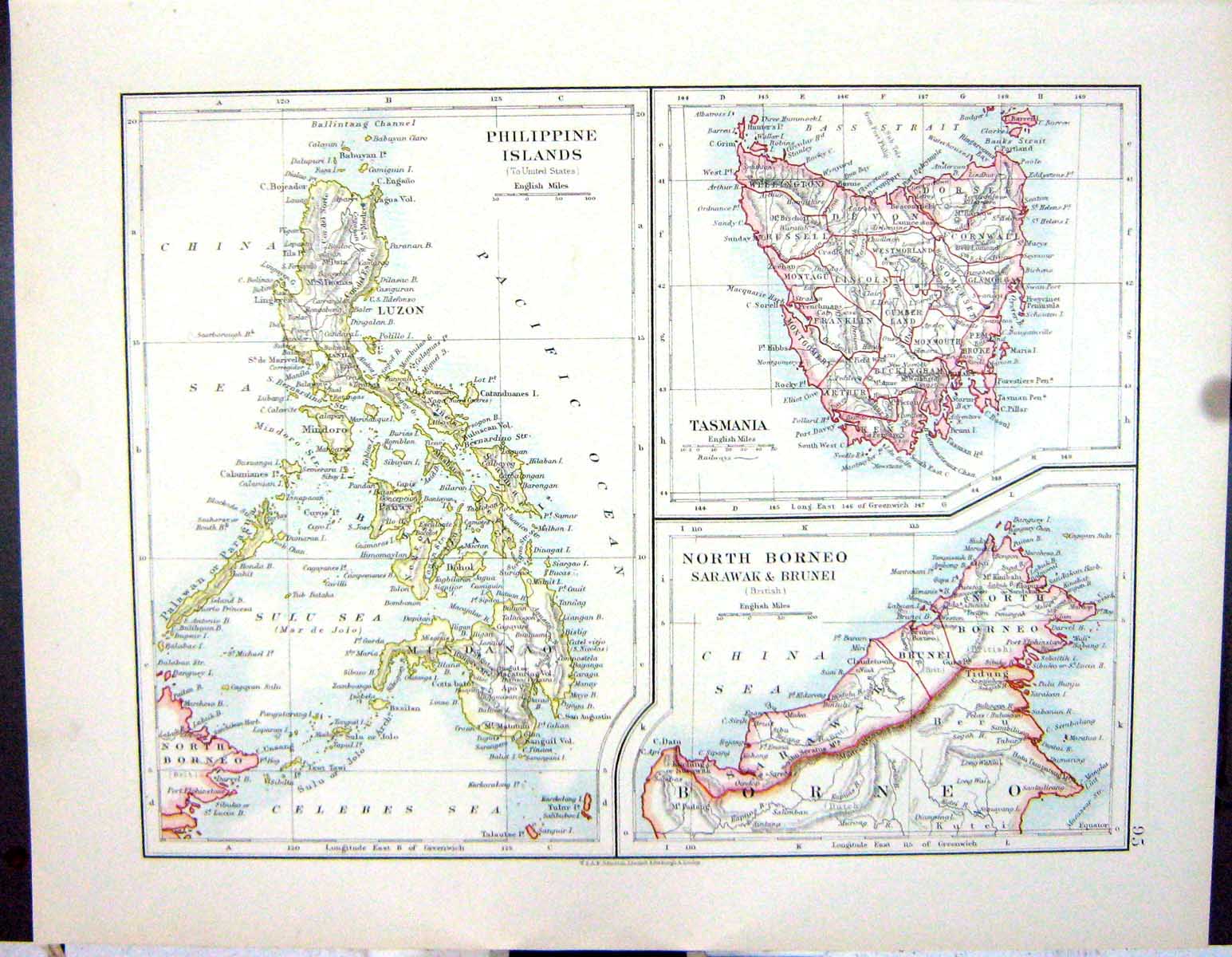 Old Johnston Map 1906 Philippine Islands Tasmania Borneo Brunei Fiji 20th