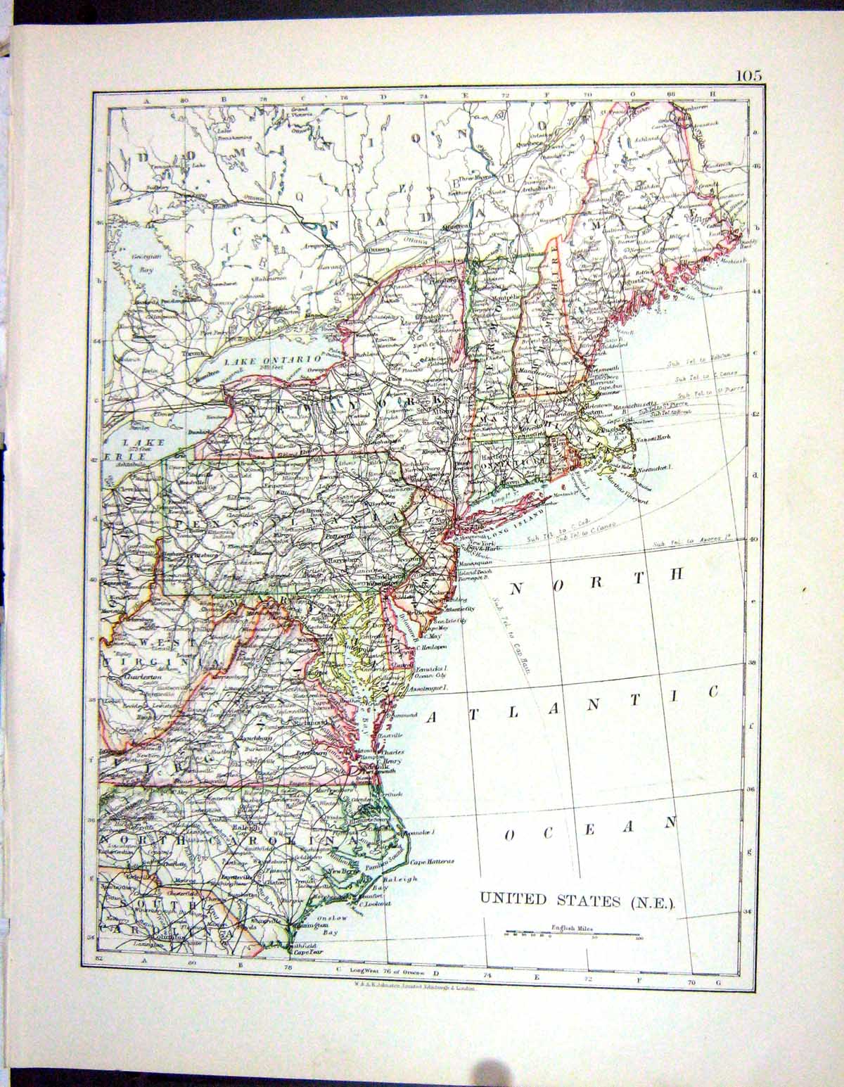 Old Johnston Map 1906 United States America Carolina New York Florida 20th