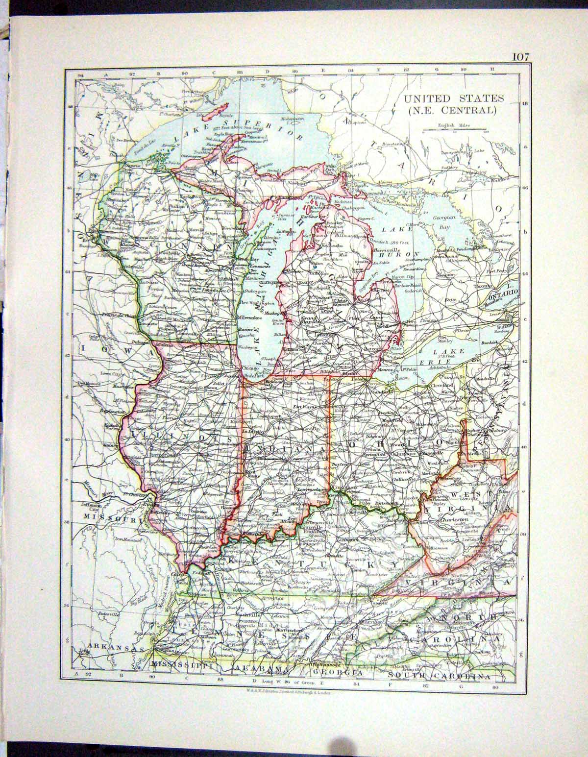 Old Johnston Map 1906 United States America Ohio Lake Michigan Nevada 20th