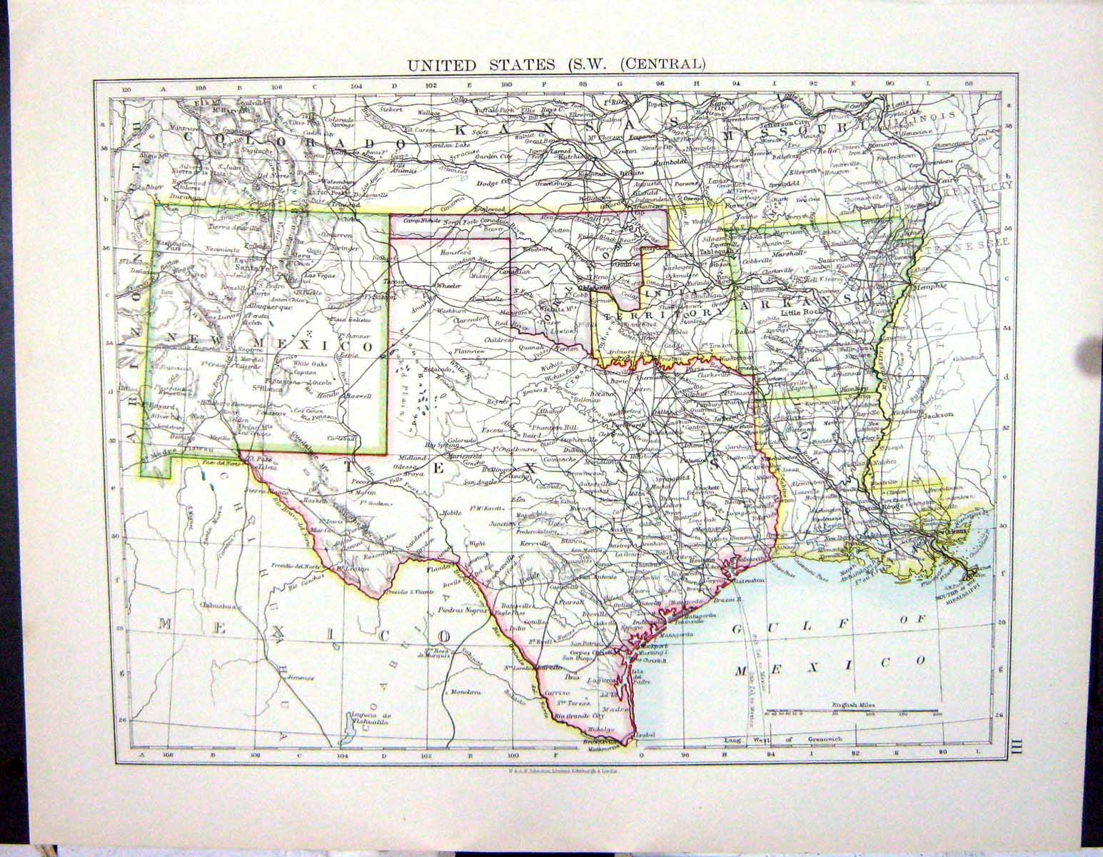 Old Print Johnston Map 1906 United States America Texas Mexico California 20th