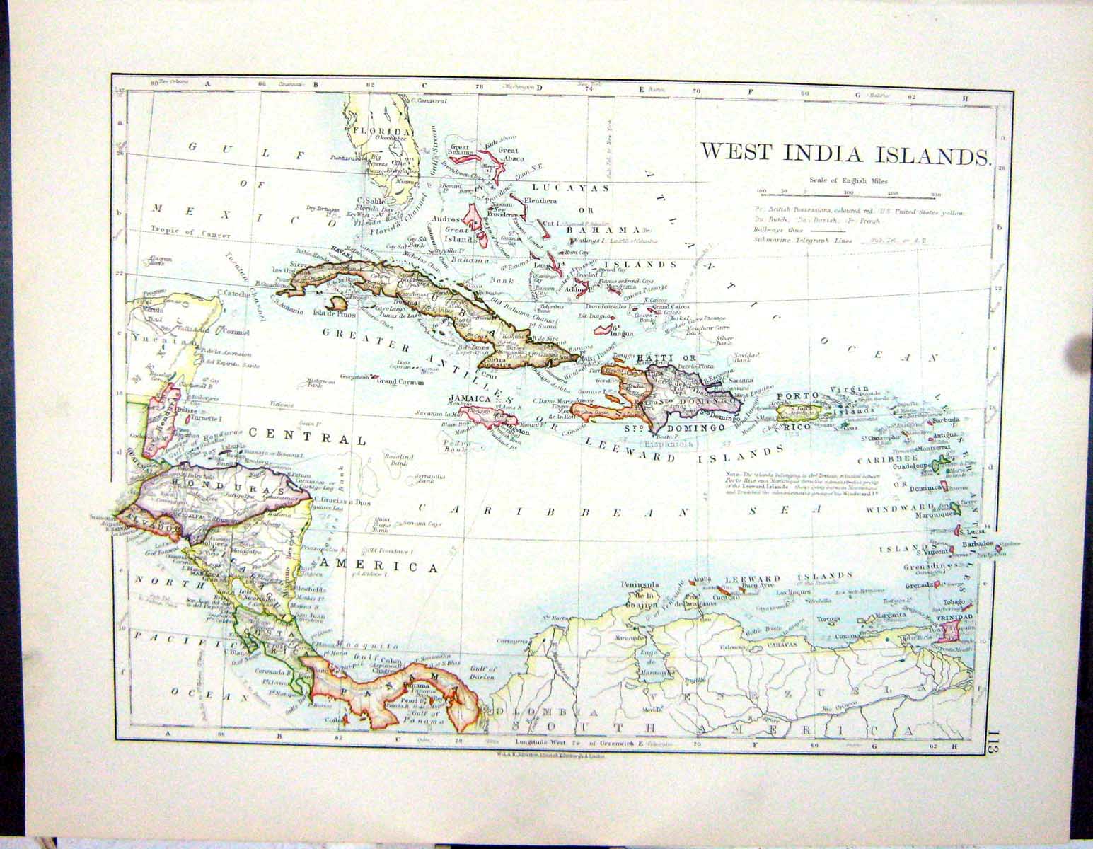 Old Johnston Map 1906 West India Islands Honduras Jamaica Cuba Haiti 20th