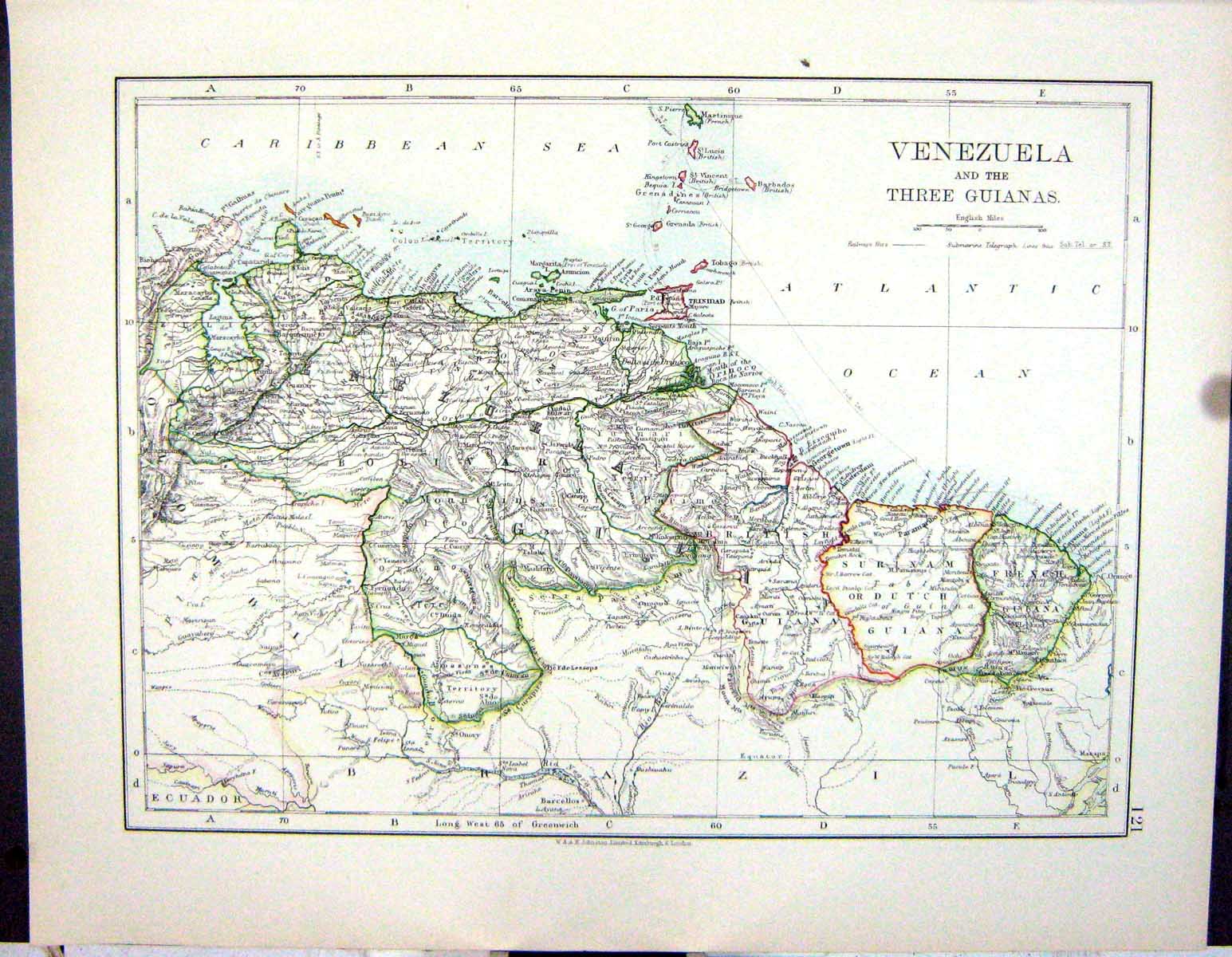 Old Johnston Map 1906 Venezueal Guianas Peru South America Pacific Oc 20th