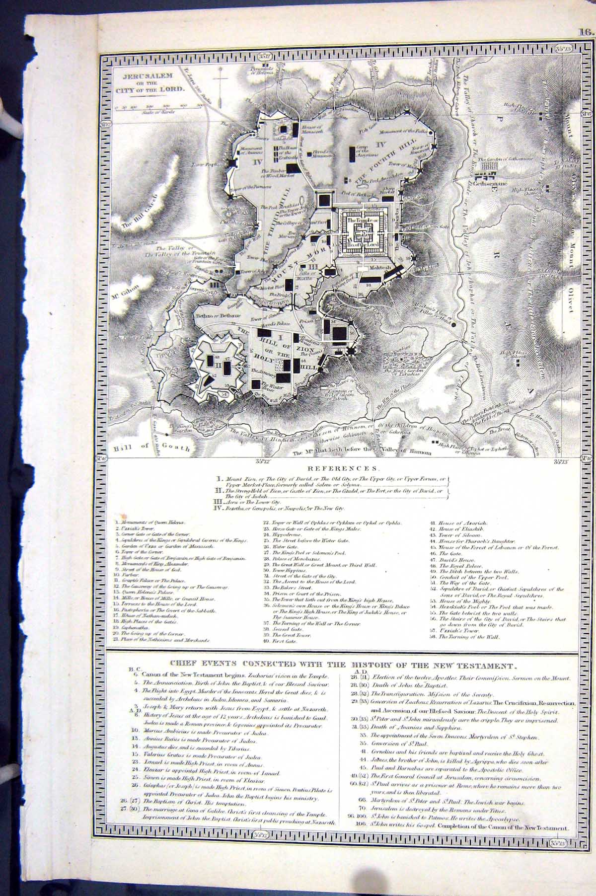Original Old Antique Print Bible Map C1835 Plan Jerusalem City Lord Hill Zion