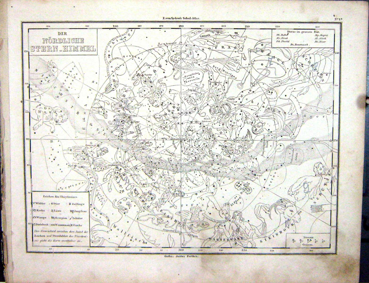 Antique Old Print Emil Von Sydow?S Schul-Atlas 1870 Nordliche Stern-Himmel 0